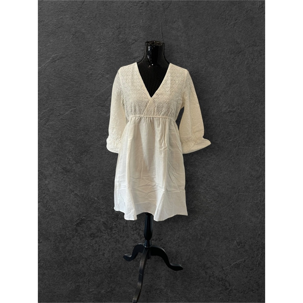 Sassafras Schiffli Cotton Shift Dress Womens Medium White New Eyelet Boho Mini
